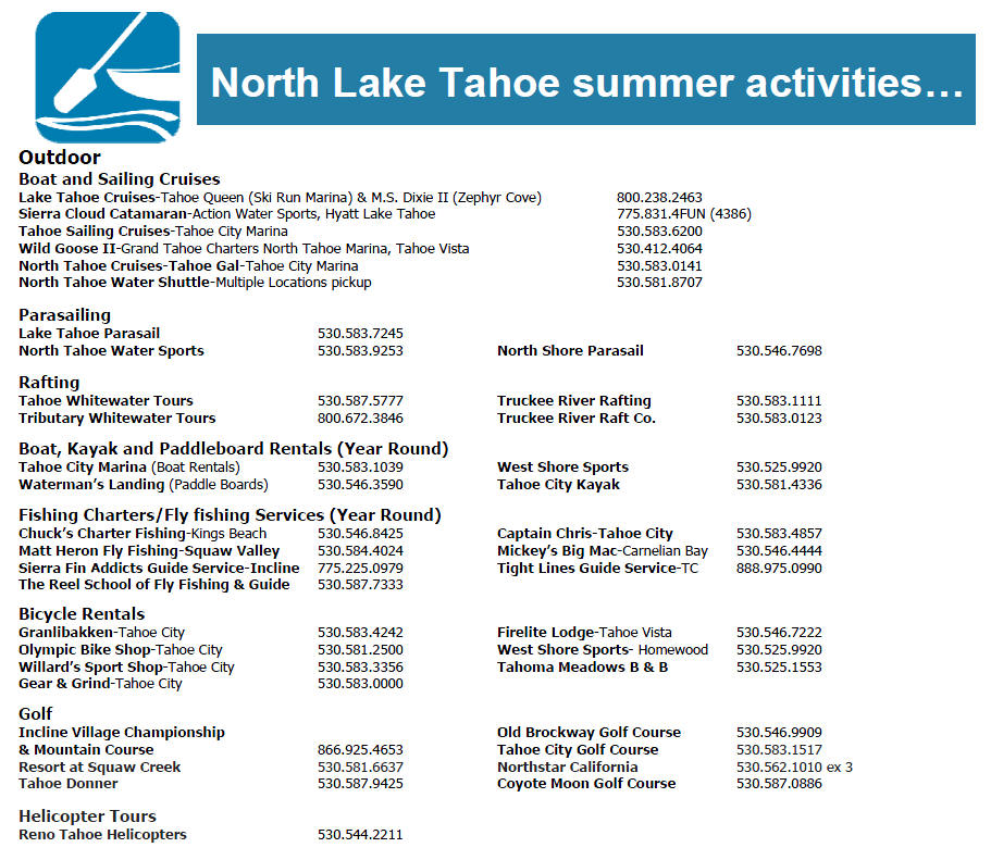 North lake Tahoe summer activities